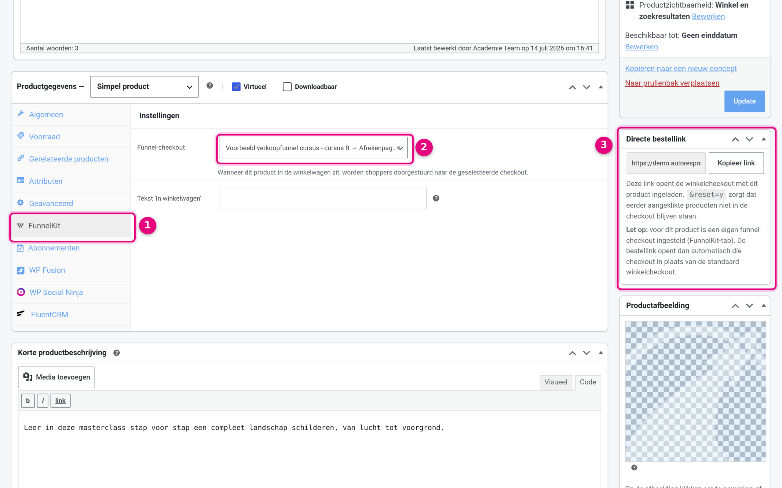FunnelKit-tabblad op het productscherm met het veld Funnel-checkout en het blok Directe bestellink