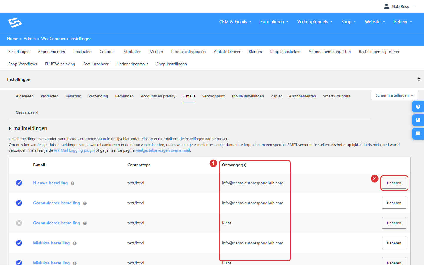 Het tabblad E-mails met de kolom Ontvanger(s) (1) en de knop Beheren (2)