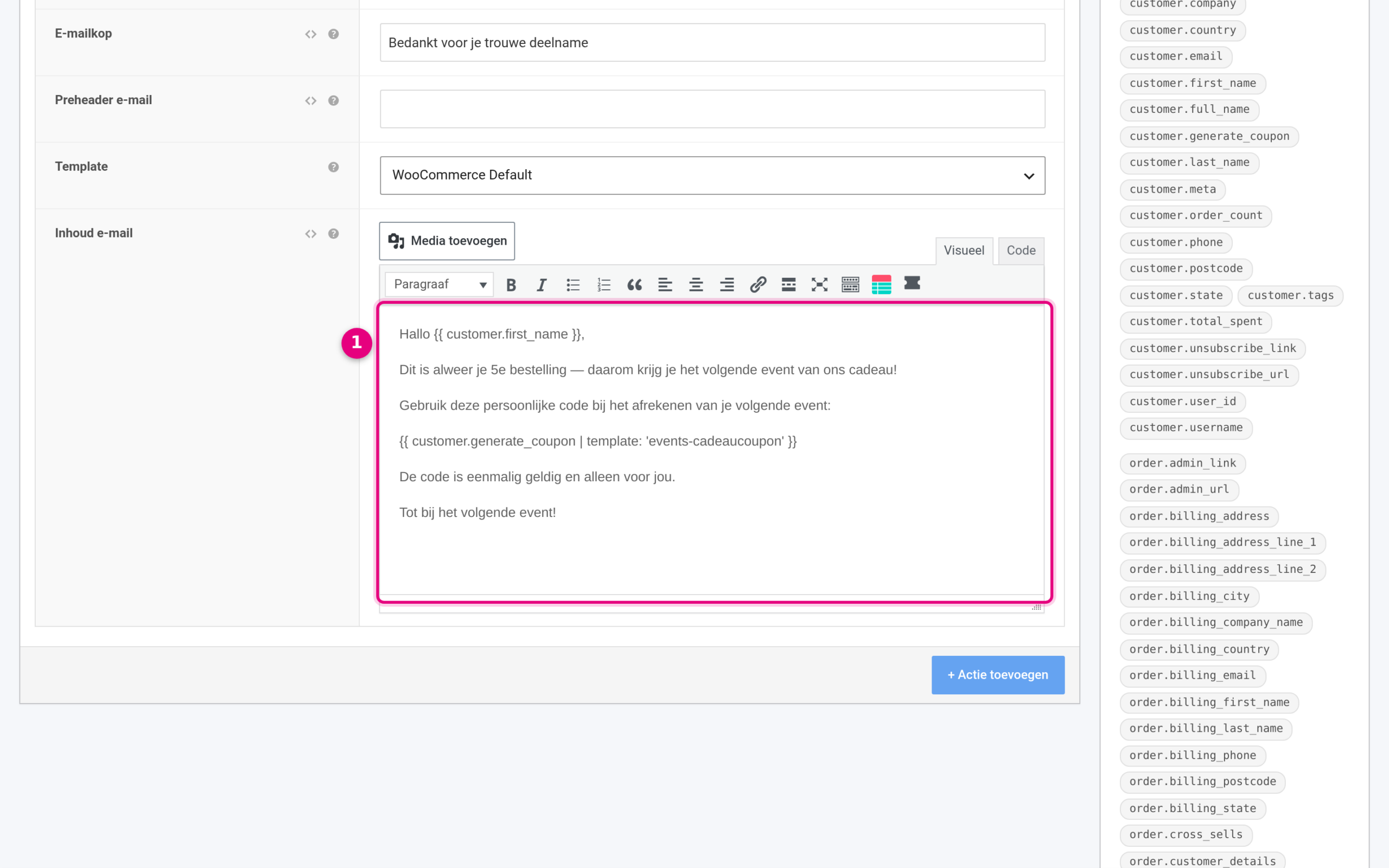 De e-mailactie van de workflow met de variabele customer.generate_coupon in de inhoud