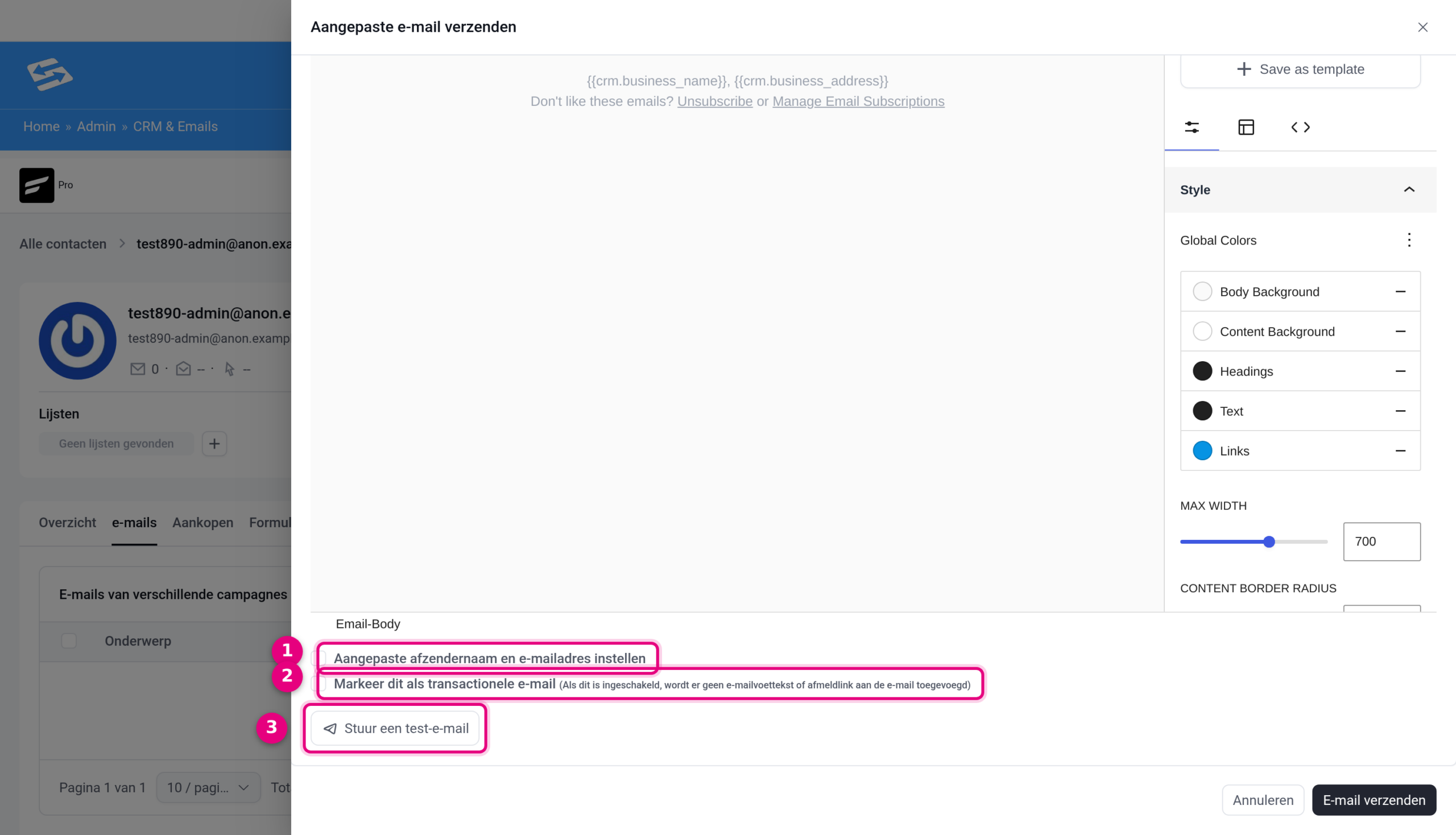 Venster Aangepaste e-mail verzenden met het vinkje Markeer dit als transactionele e-mail