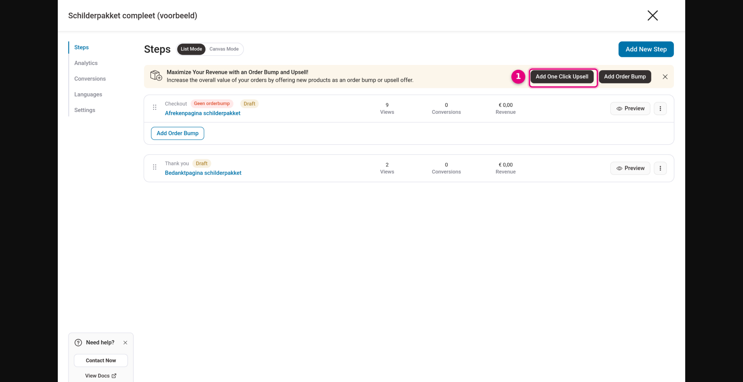 De knop Add One Click Upsell boven de funnelstappen