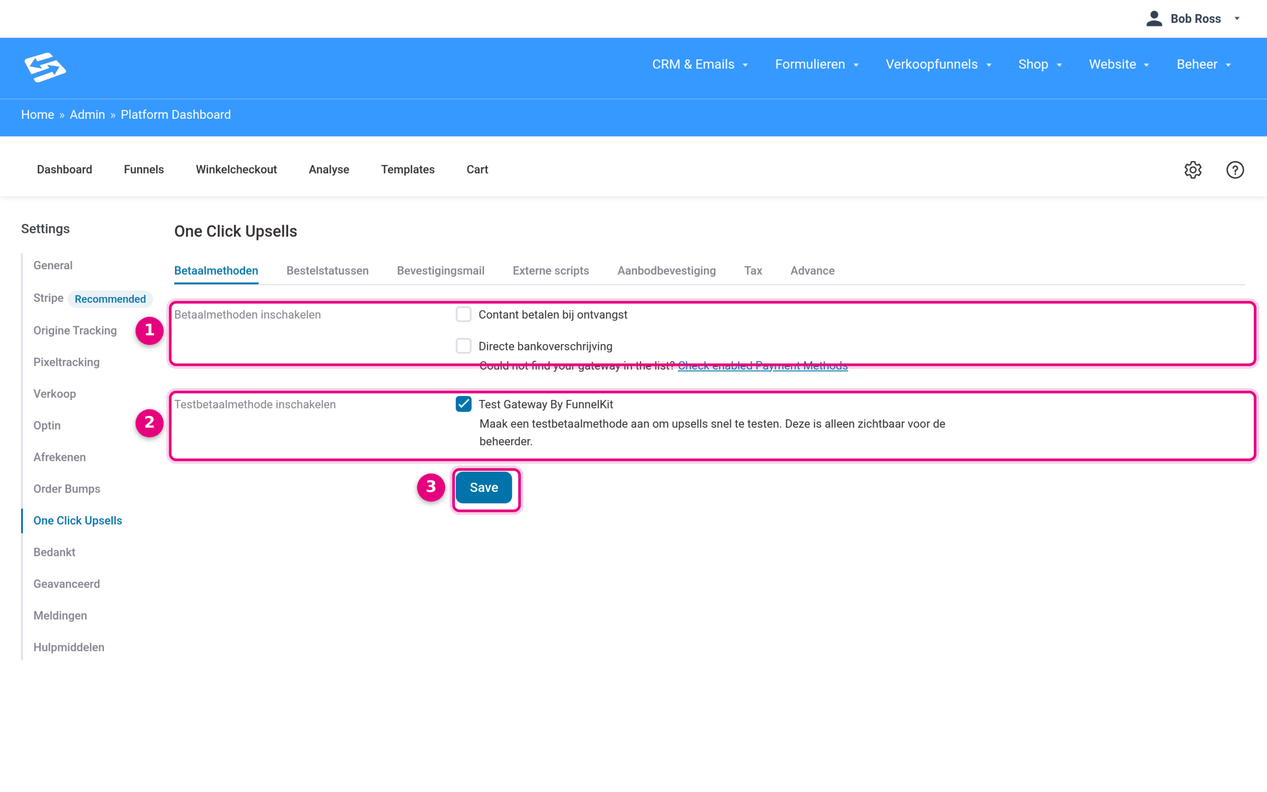 Betaalmethoden voor one-click upsells inschakelen