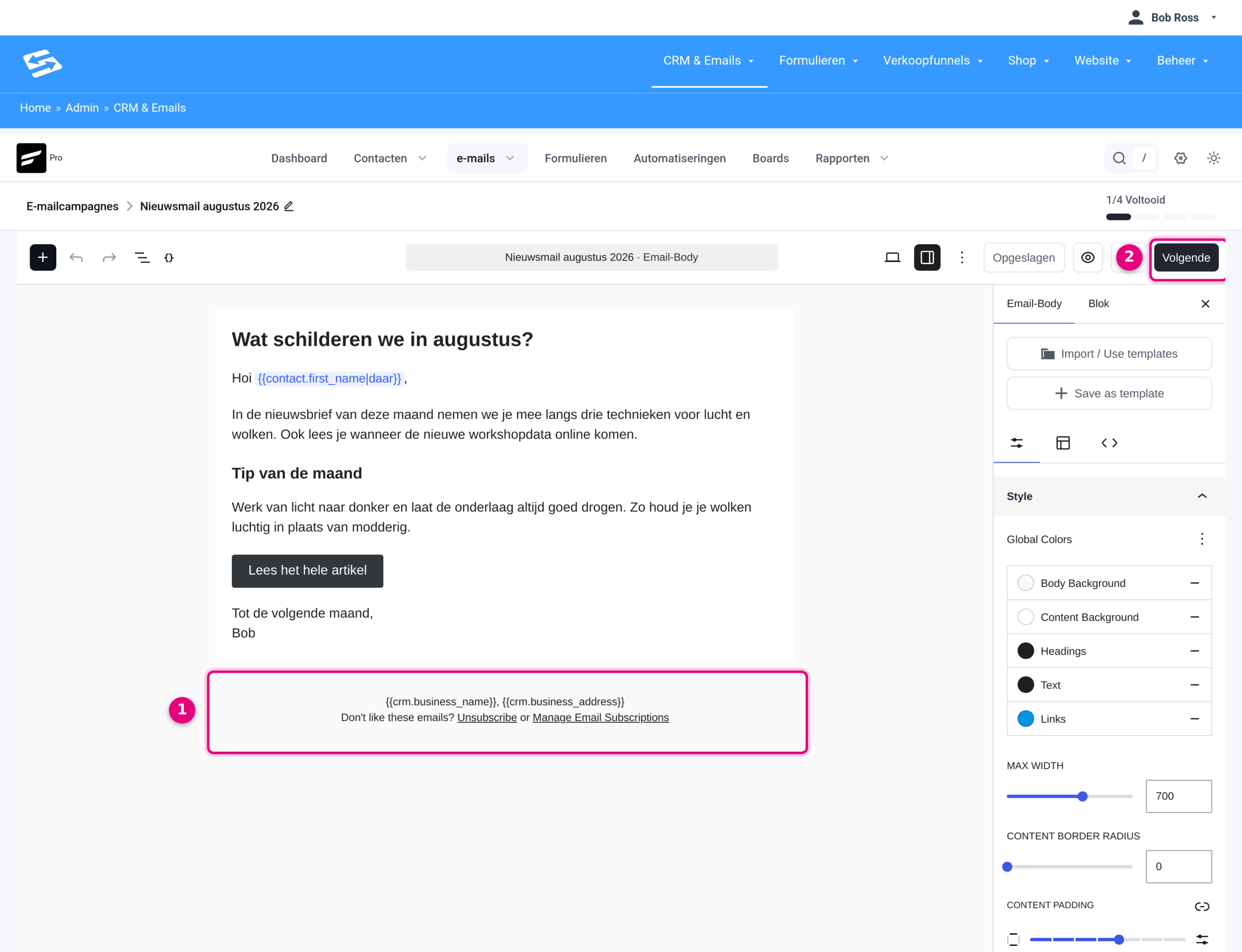 Blok-editor van een campagne met de voettekst onder aan de e-mail