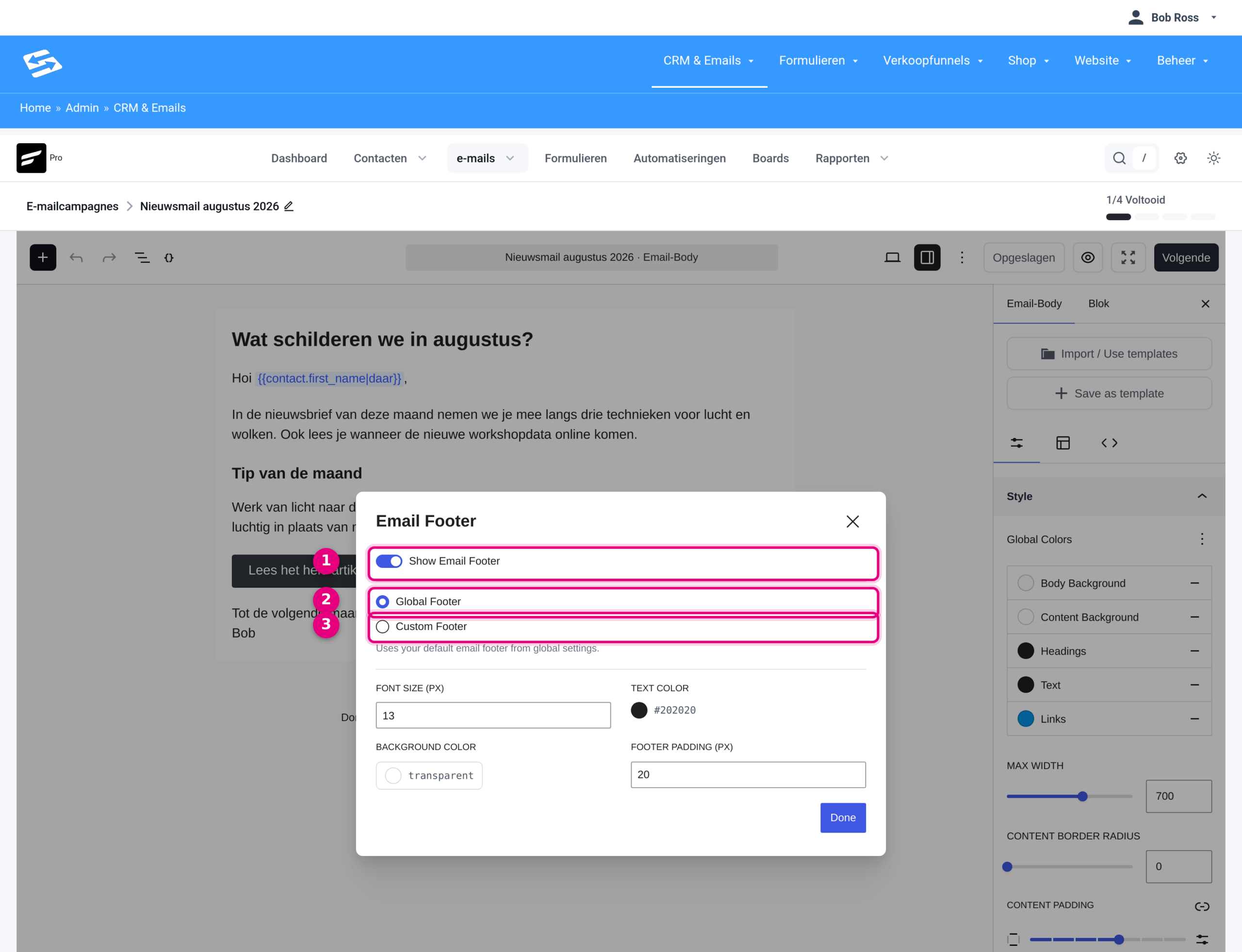 Venster Email Footer met de schakelaar Show Email Footer en de keuze Global Footer of Custom Footer