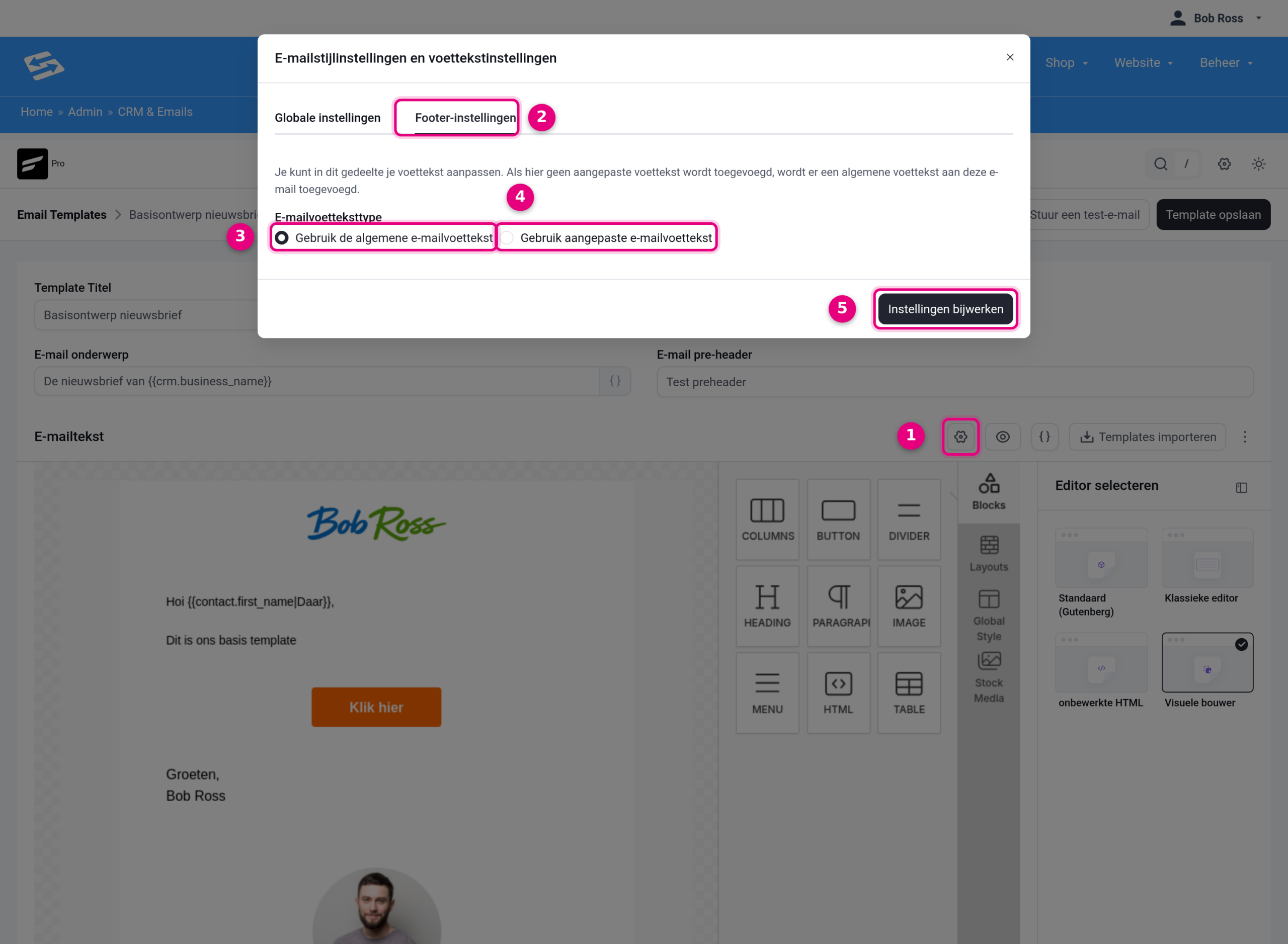 Venster E-mailstijlinstellingen en voettekstinstellingen met het tabblad Footer-instellingen en de keuze E-mailvoetteksttype