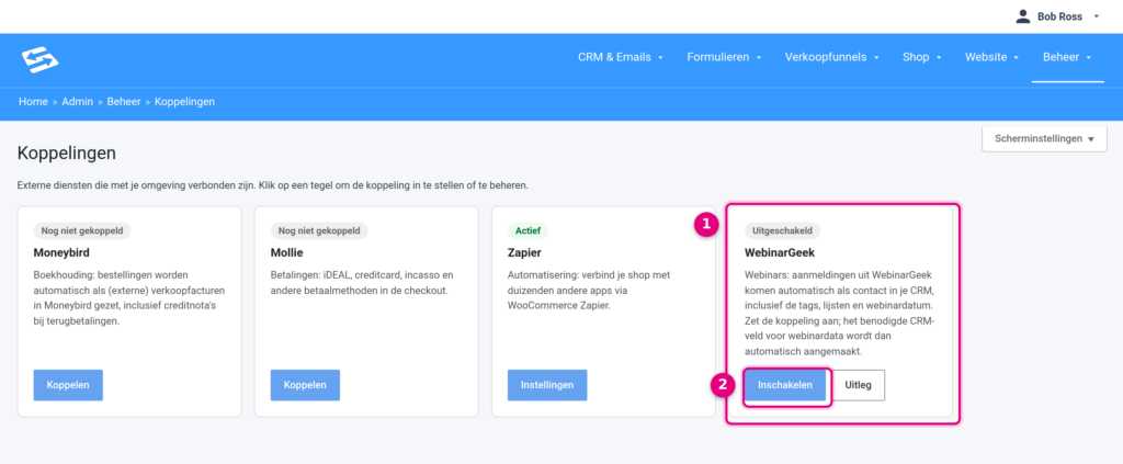 Koppelingen-pagina met de WebinarGeek-tegel en de knop Inschakelen gemarkeerd