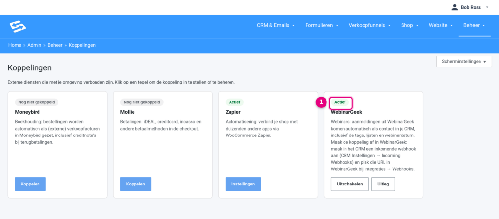 WebinarGeek-tegel met status Actief na het inschakelen