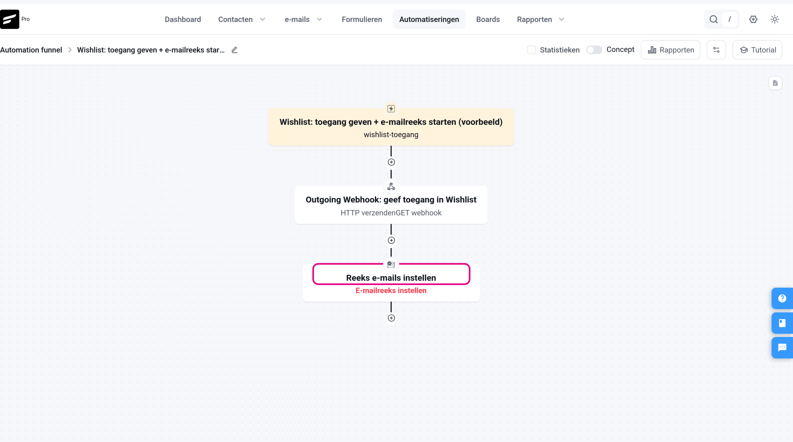 Automatisering met tag-startstap, Outgoing Webhook en Reeks e-mails instellen