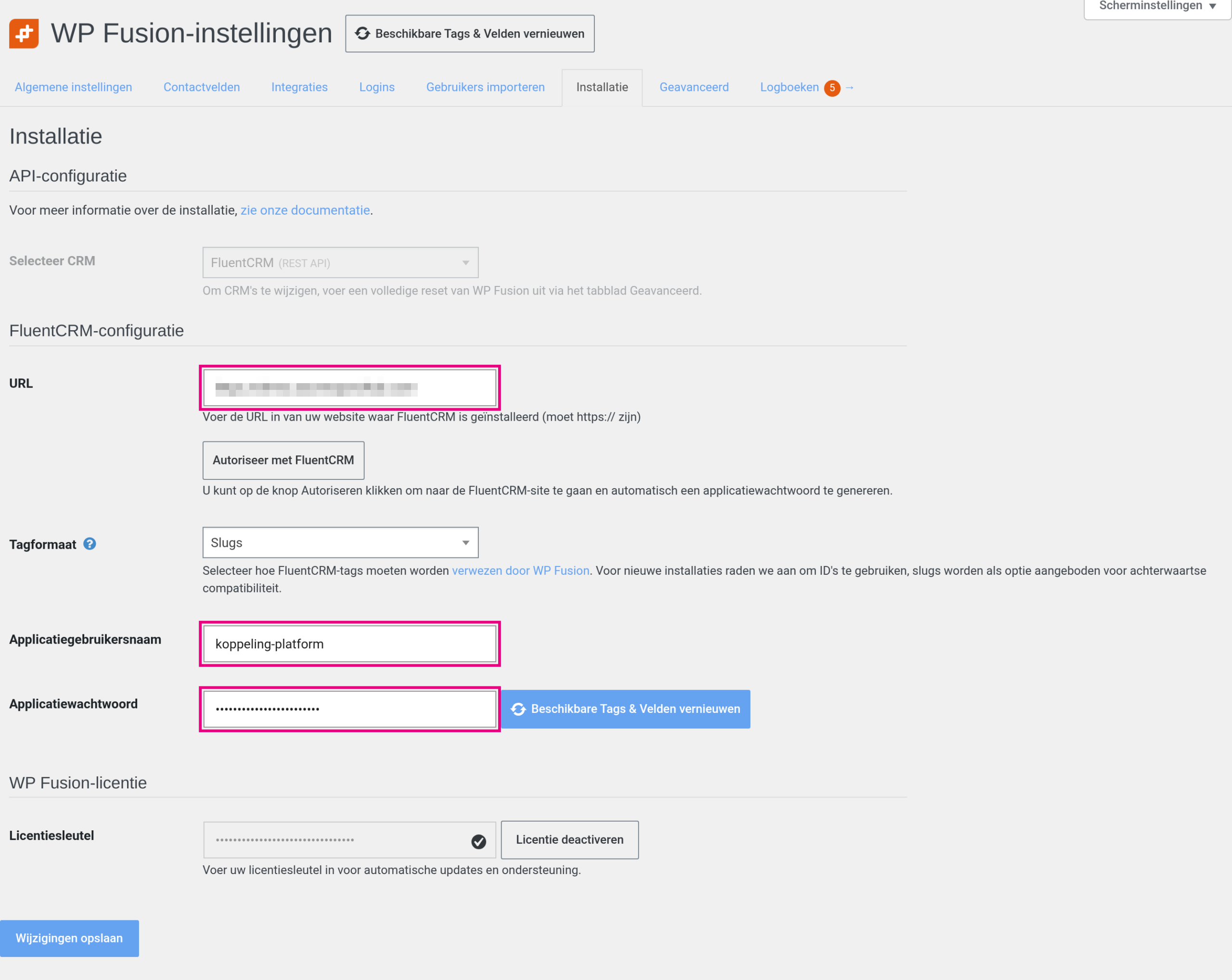 WP Fusion Installatie-tab met FluentCRM REST API-instellingen