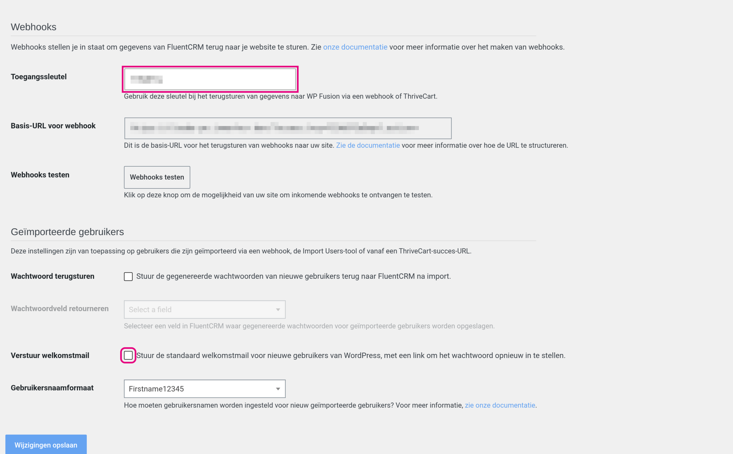 WP Fusion Algemene instellingen: Webhooks-sectie met toegangssleutel