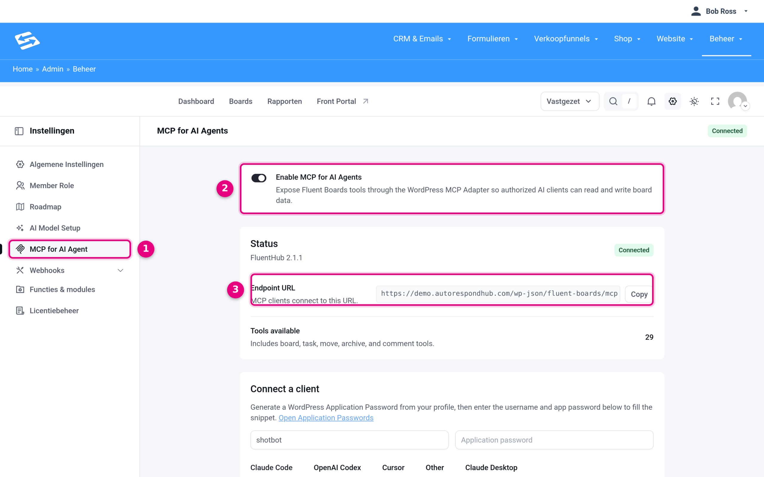 De instellingenpagina MCP for AI Agent van FluentBoards met de schakelaar en de endpoint-URL