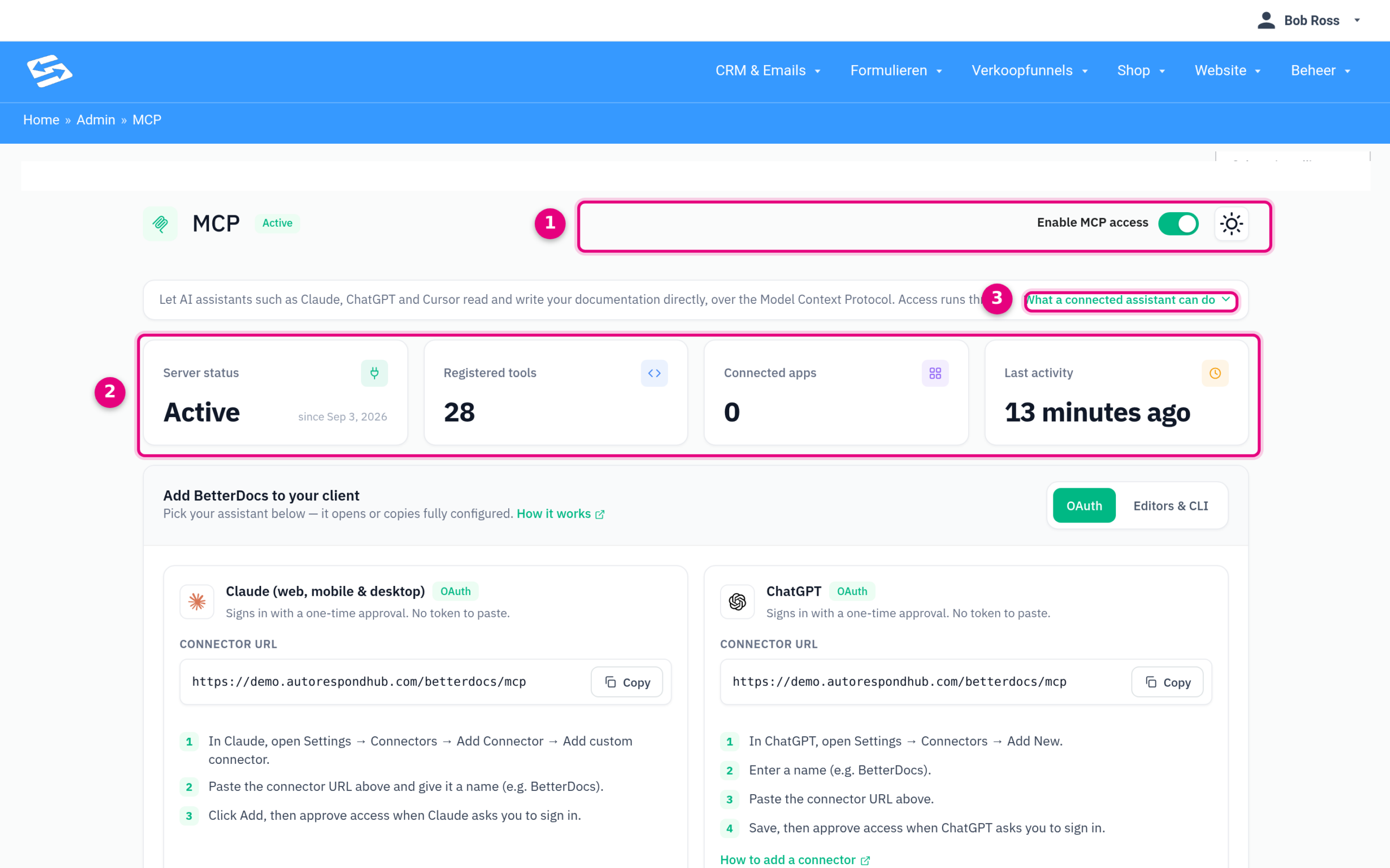 De MCP-pagina van BetterDocs met de schakelaar Enable MCP access en de statuskaarten