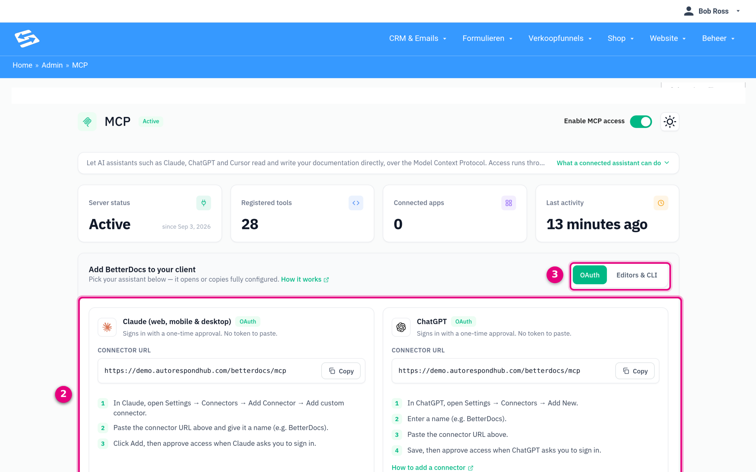 De blokken voor Claude en ChatGPT met de connector-URL en de stappen om te verbinden