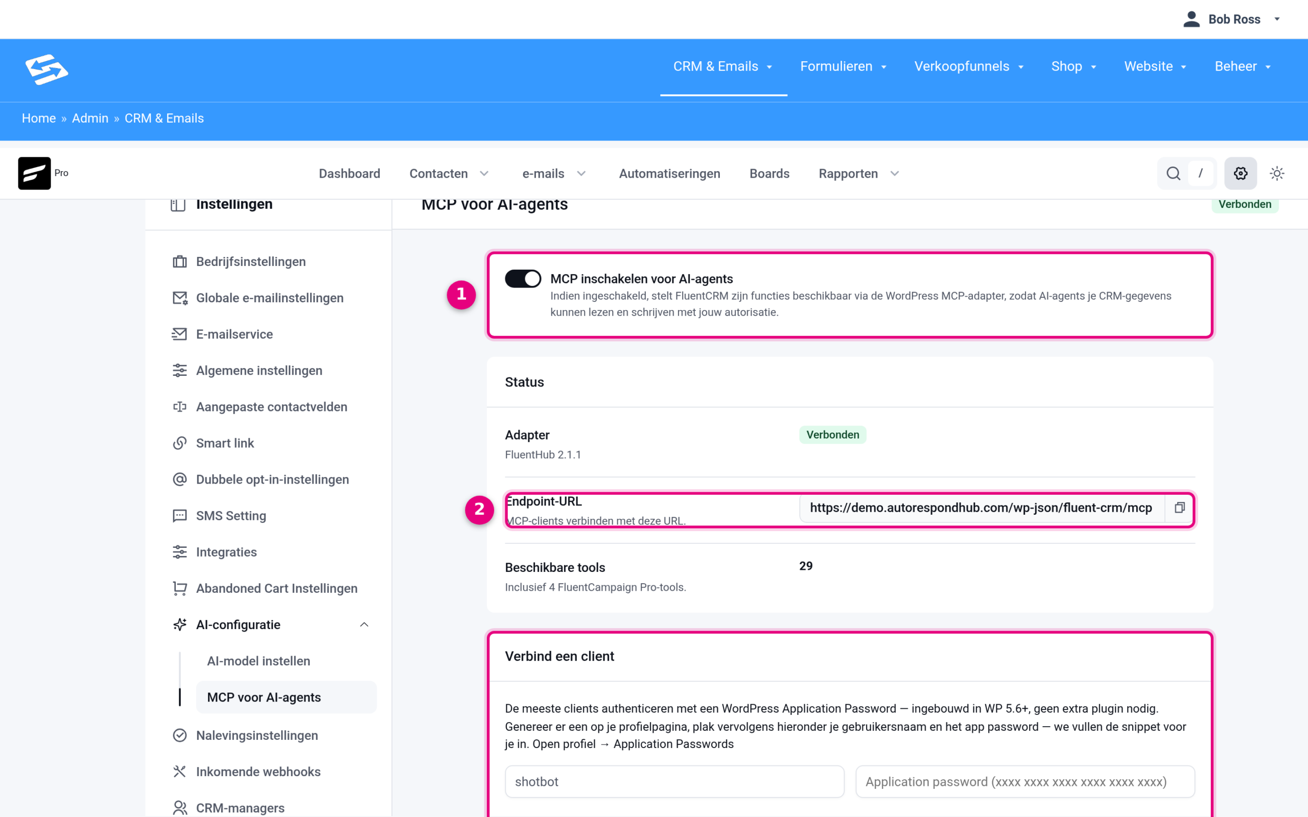 De MCP-instellingen van FluentCRM met de schakelaar, de endpoint-URL en het onderdeel Verbind een client