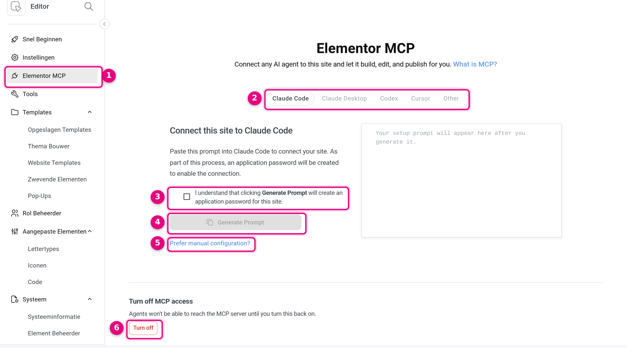 De pagina Elementor MCP met de keuze van het AI-programma, het vinkje, de knop Generate Prompt, de link naar handmatige configuratie en de knop om de koppeling uit te zetten