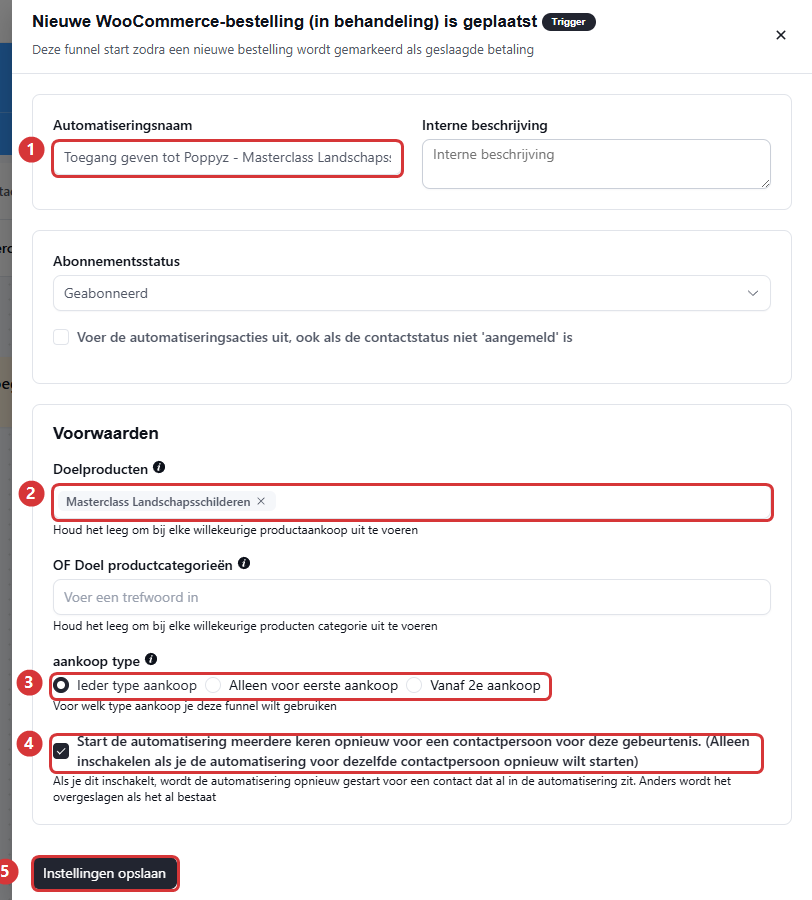 De triggerinstellingen met de automatiseringsnaam (1), het doelproduct (2), het aankooptype (3), het herhaalvinkje (4) en de knop Instellingen opslaan (5)