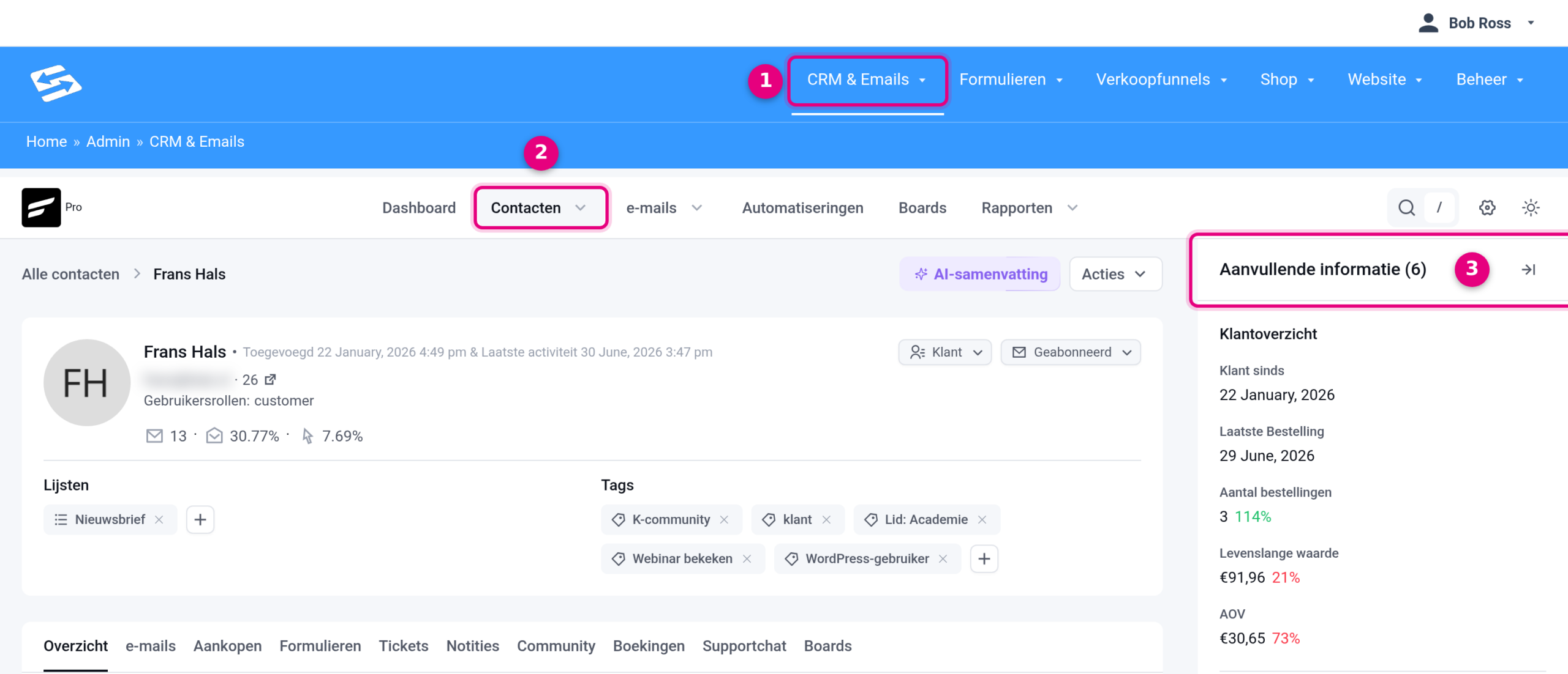 Contactpagina in het CRM met de kolom Aanvullende informatie