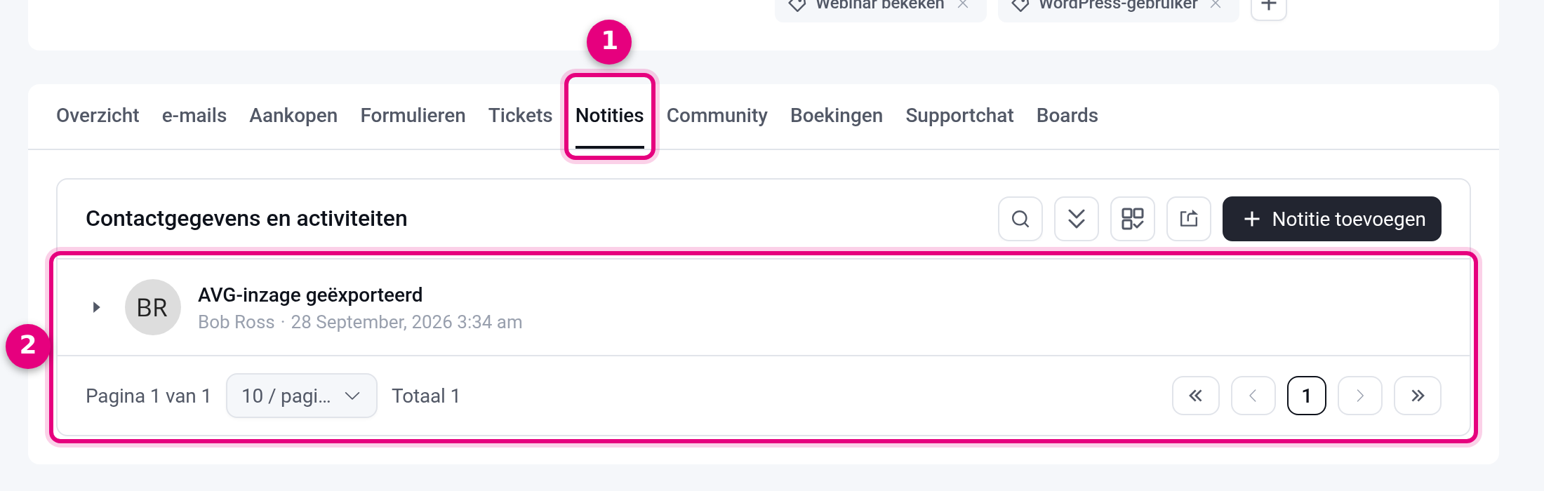 Tabblad Notities van het contact met de notitie AVG-inzage