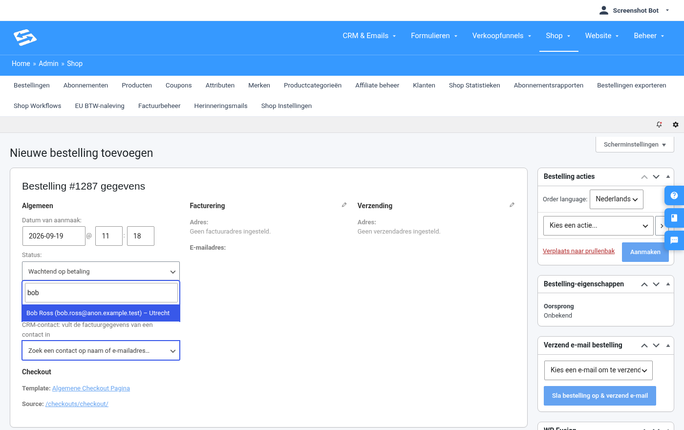 Nieuwe bestelling met het zoekveld CRM-contact en het zoekresultaat Bob Ross
