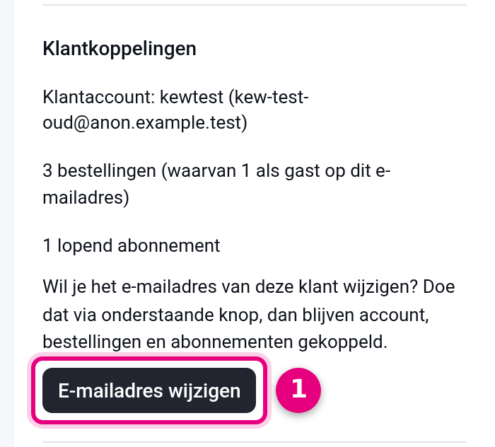 Het blok Klantkoppelingen op de contactpagina met de knop E-mailadres wijzigen
