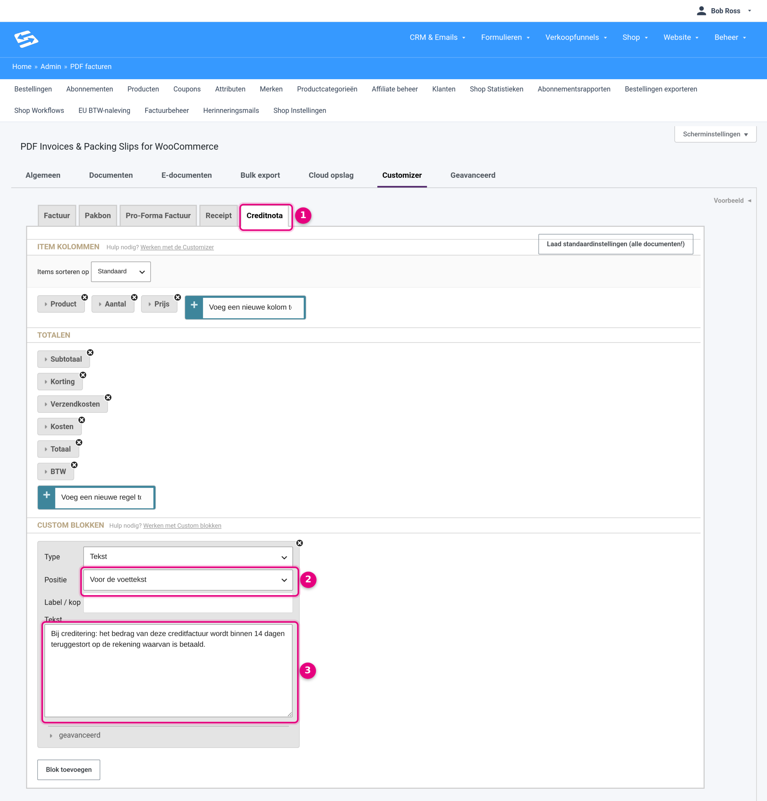Een custom tekstblok op het tabblad Creditnota van de Customizer met positie Voor de voettekst