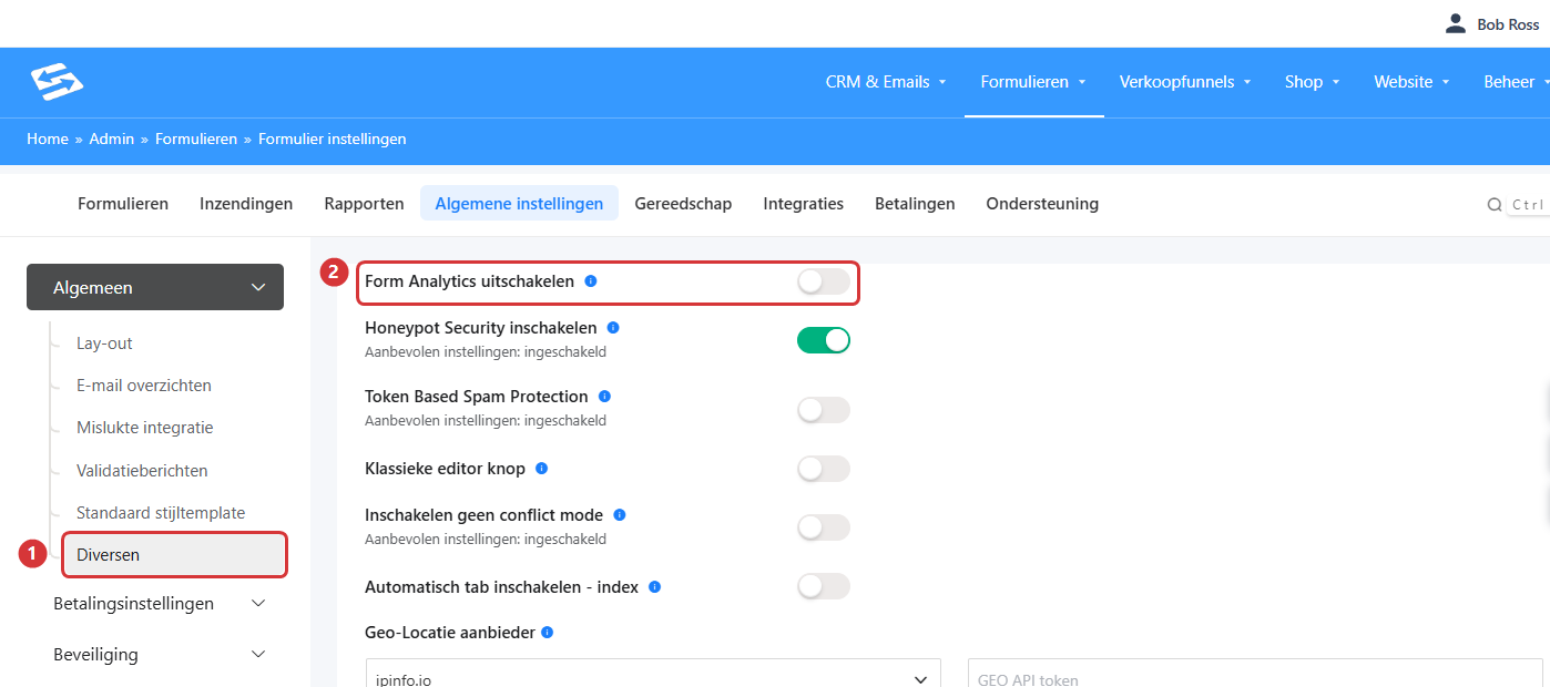 De algemene instellingen van Formulieren met het menu-item Diversen (1) en de schakelaar Form Analytics uitschakelen (2)