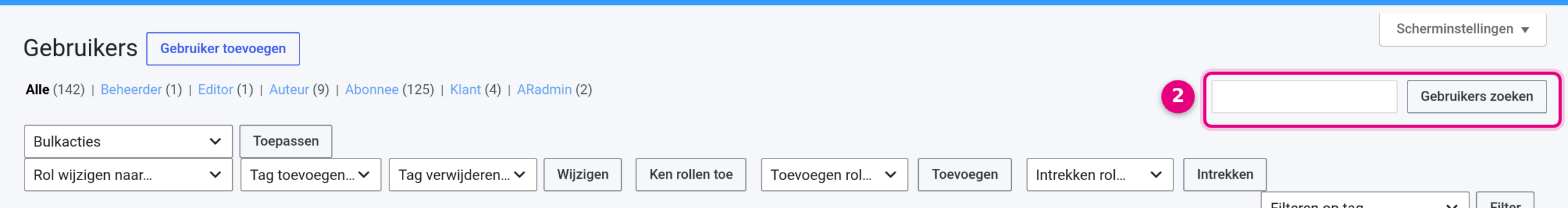 Het zoekveld rechtsboven op de pagina Gebruikers