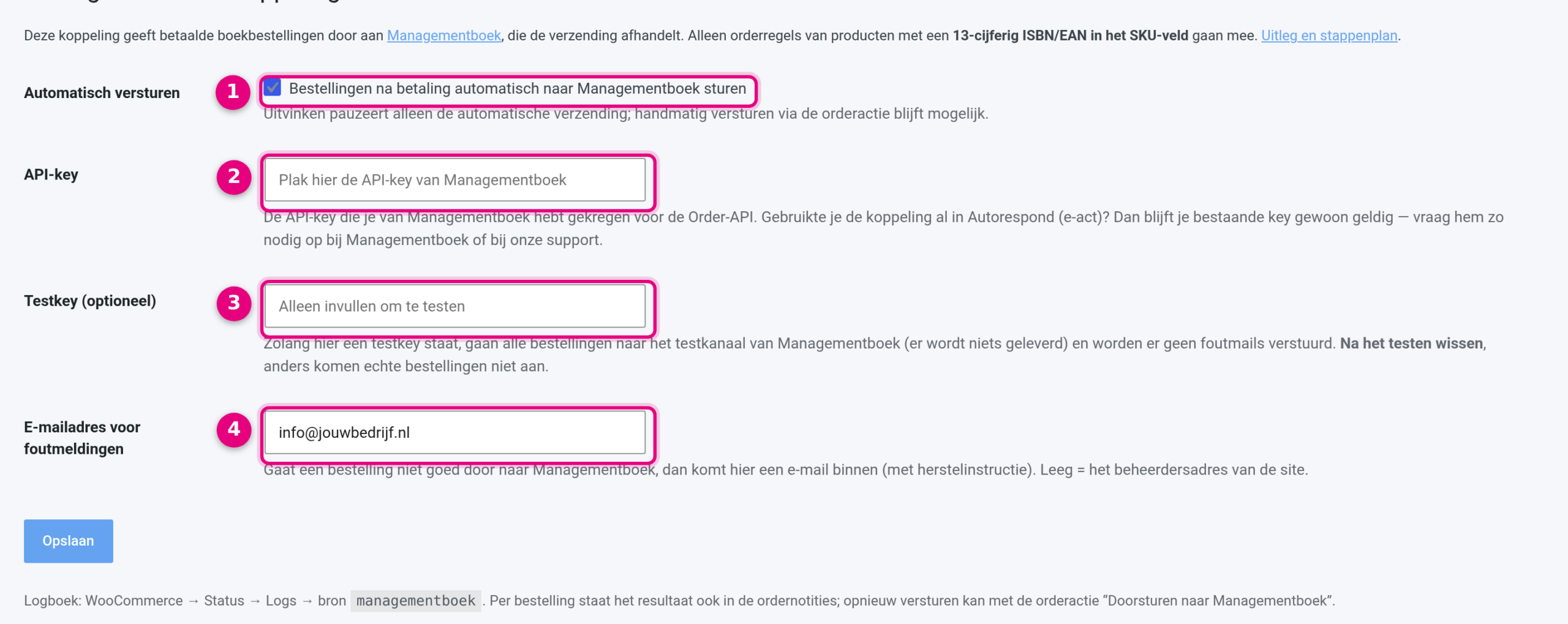 Het instellingenscherm van de Managementboek-koppeling