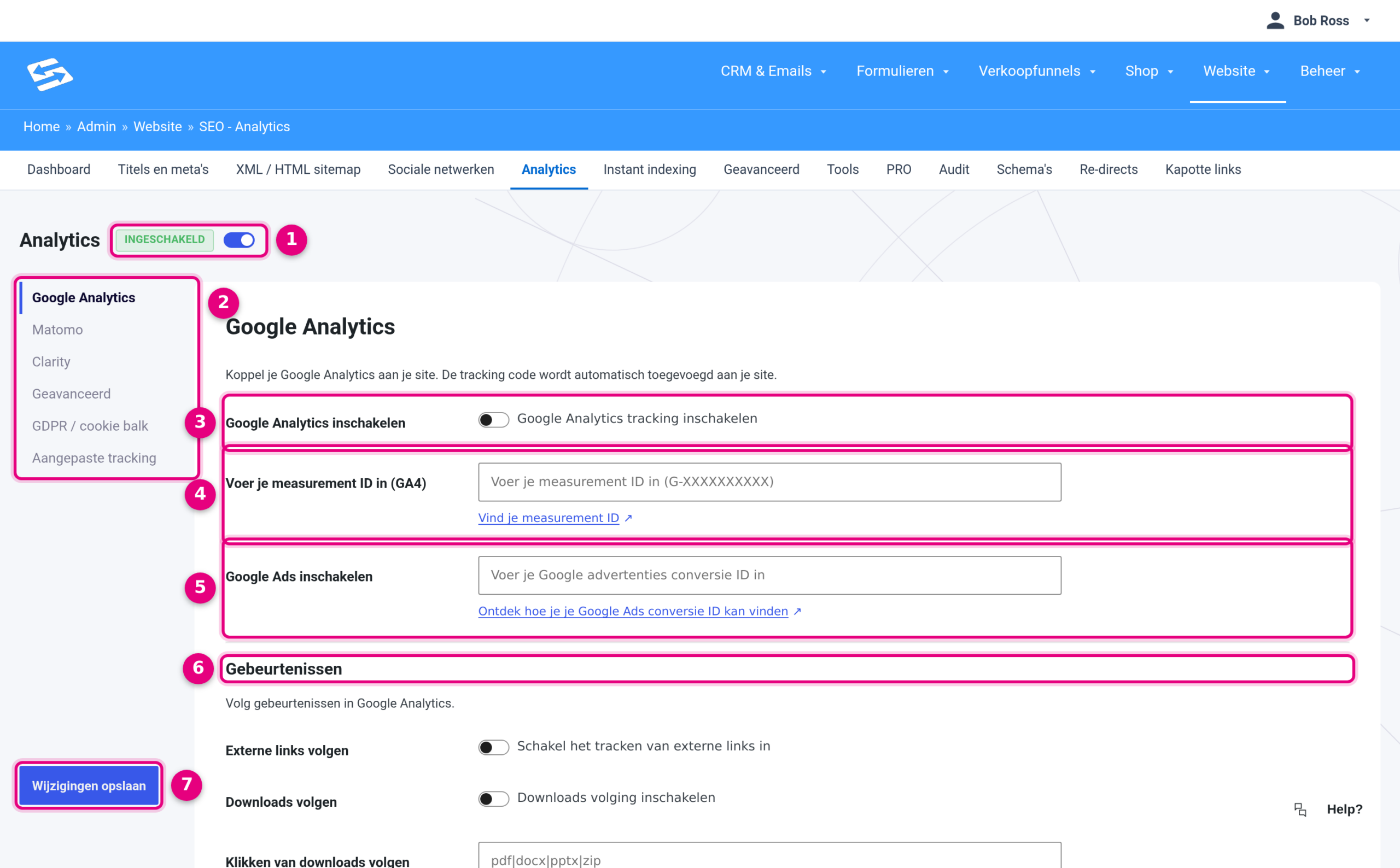 Het scherm SEO - Analytics met de hoofdschakelaar, het tabbladmenu en de Google Analytics instellingen