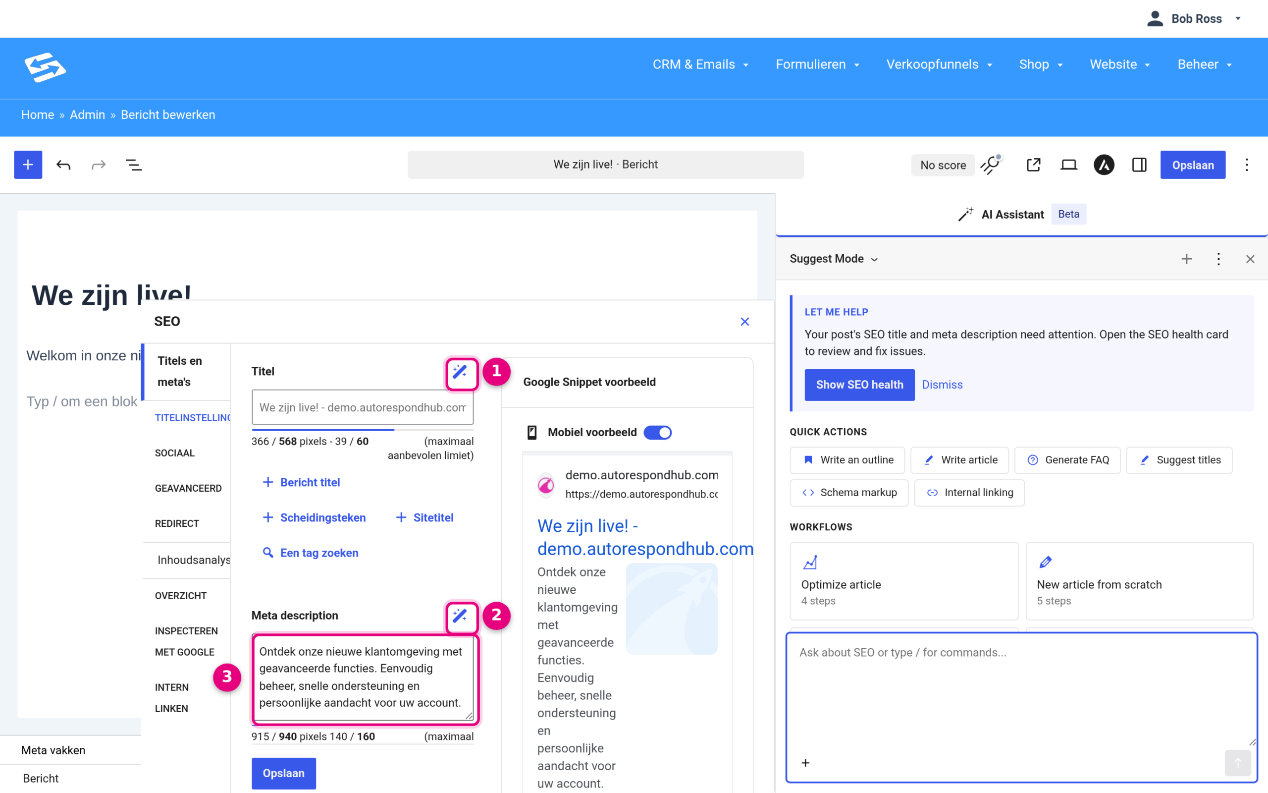 SEO-paneel in de editor met de AI-knoppen naast Titel en Meta description