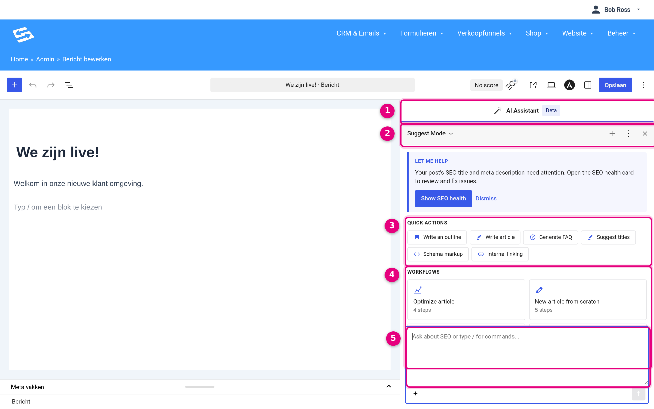 Het paneel van de AI Assistant in de editor met snelle acties en workflows