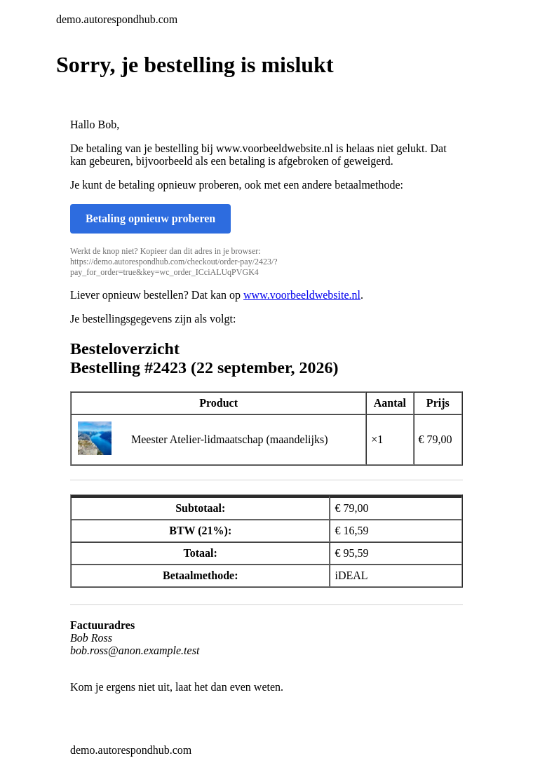 Voorbeeld van de mail Bestelling mislukt met eigen website-adres en de knop Betaling opnieuw proberen