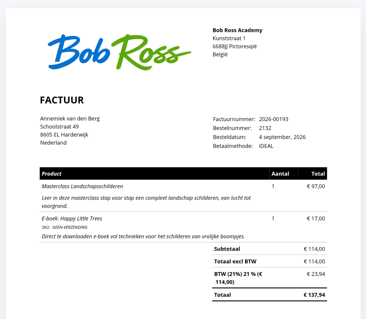 Factuurvoorbeeld met de regel SKU GEEN-VERZENDING onder een product