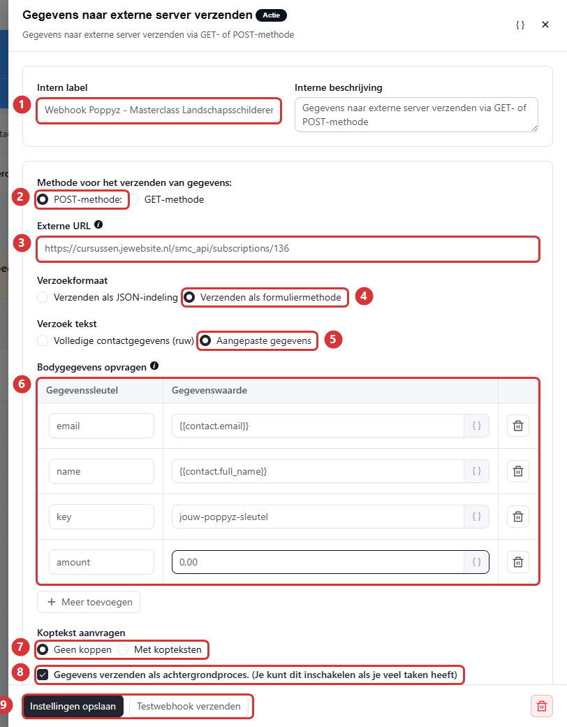 Het ingevulde instellingenscherm van de uitgaande webhook met POST-methode, externe URL, formuliermethode, aangepaste gegevens en de vier bodyvelden