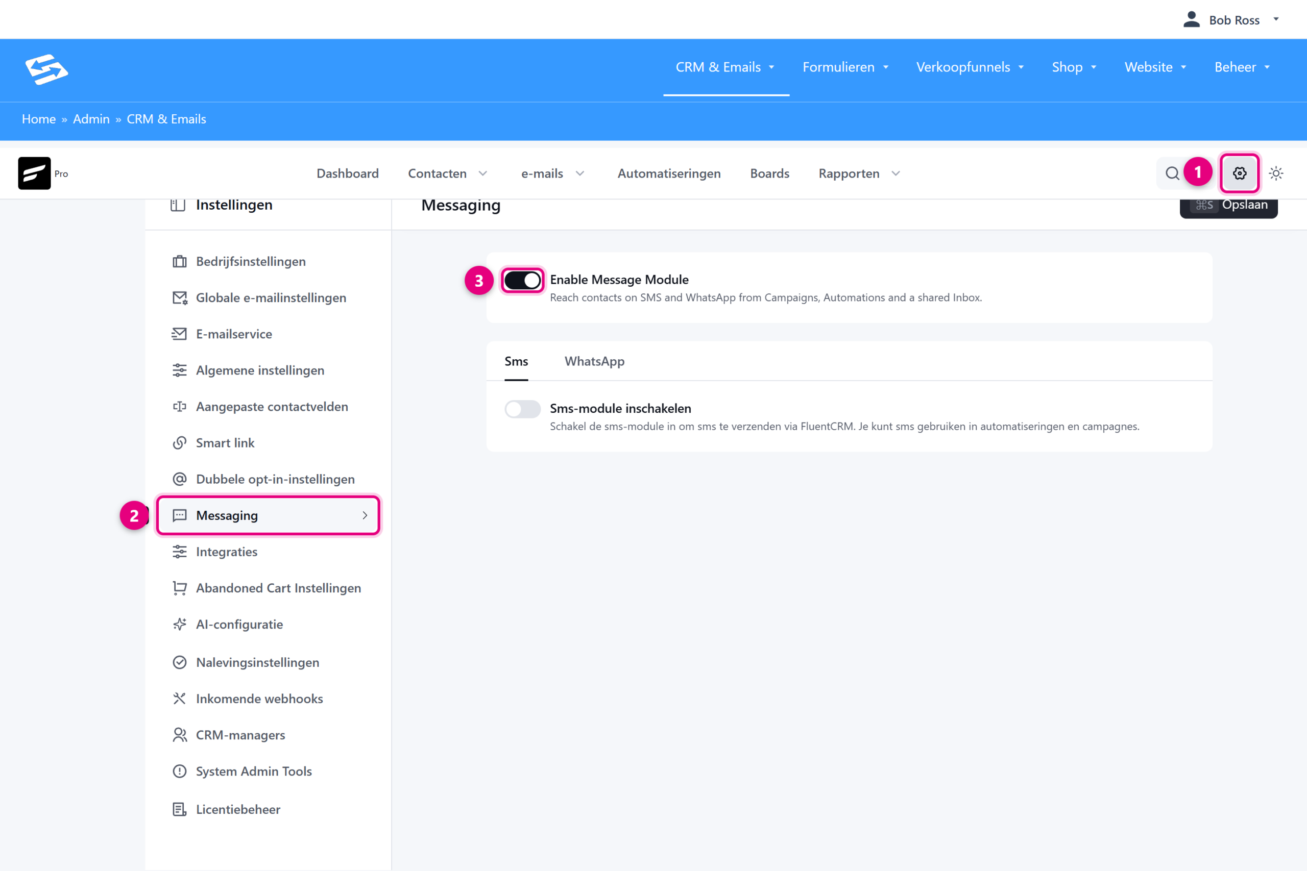 De Messaging-instellingen met de schakelaar Enable Message Module