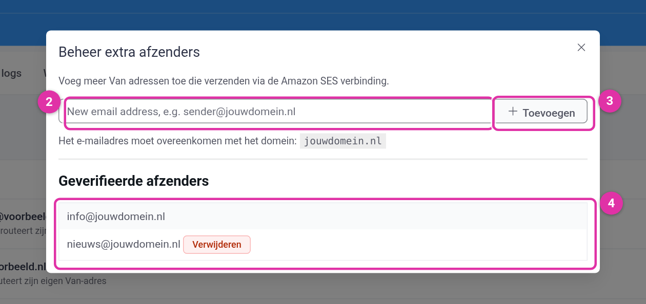 Venster Beheer extra afzenders: invoerveld (2), knop Toevoegen (3) en de lijst met afzenderadressen (4)