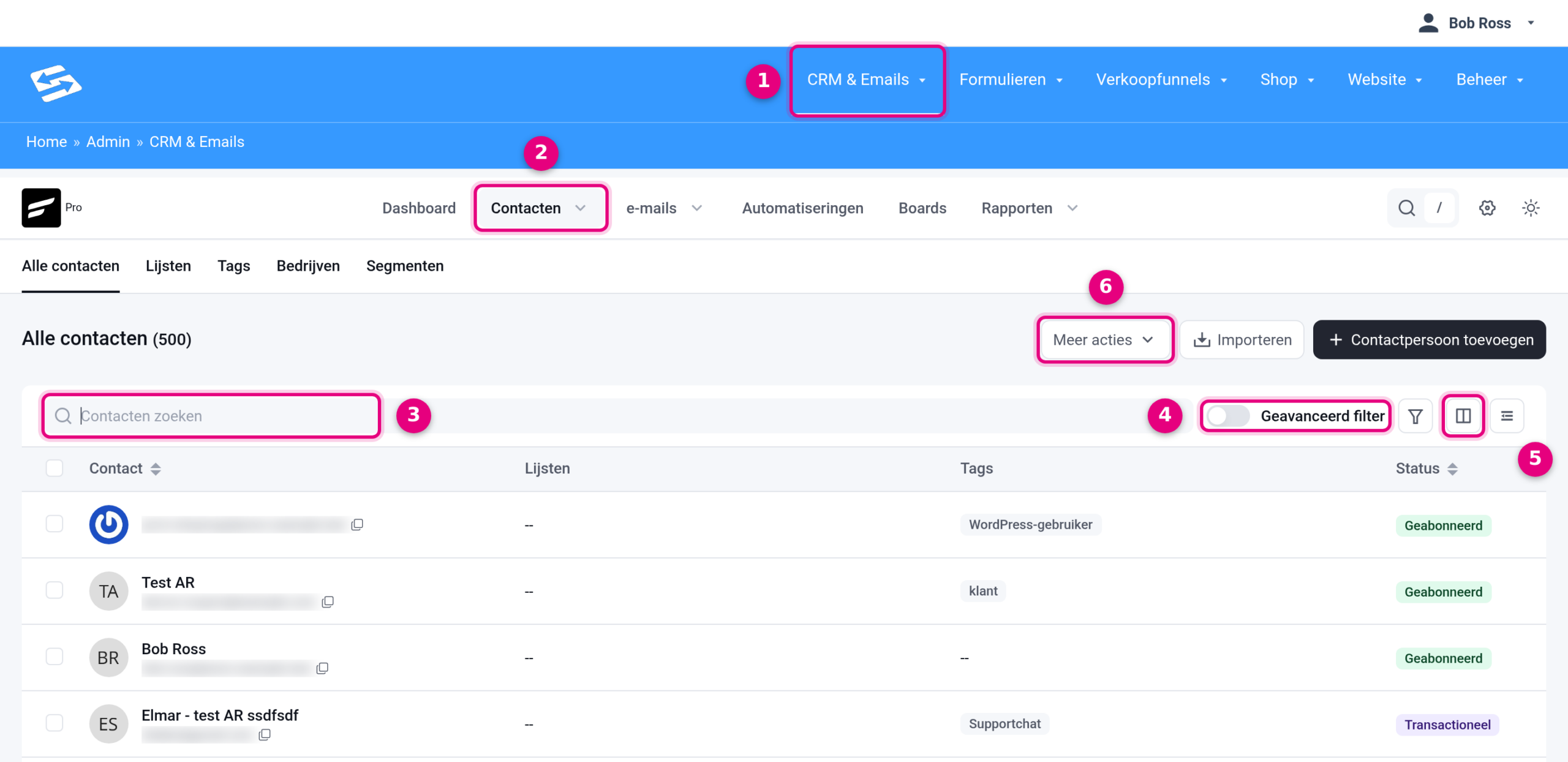 Het contactenoverzicht met het menu CRM en Emails, het tabblad Contacten, het zoekveld, de schakelaar Geavanceerd filter, de kolommenknop en de knop Meer acties