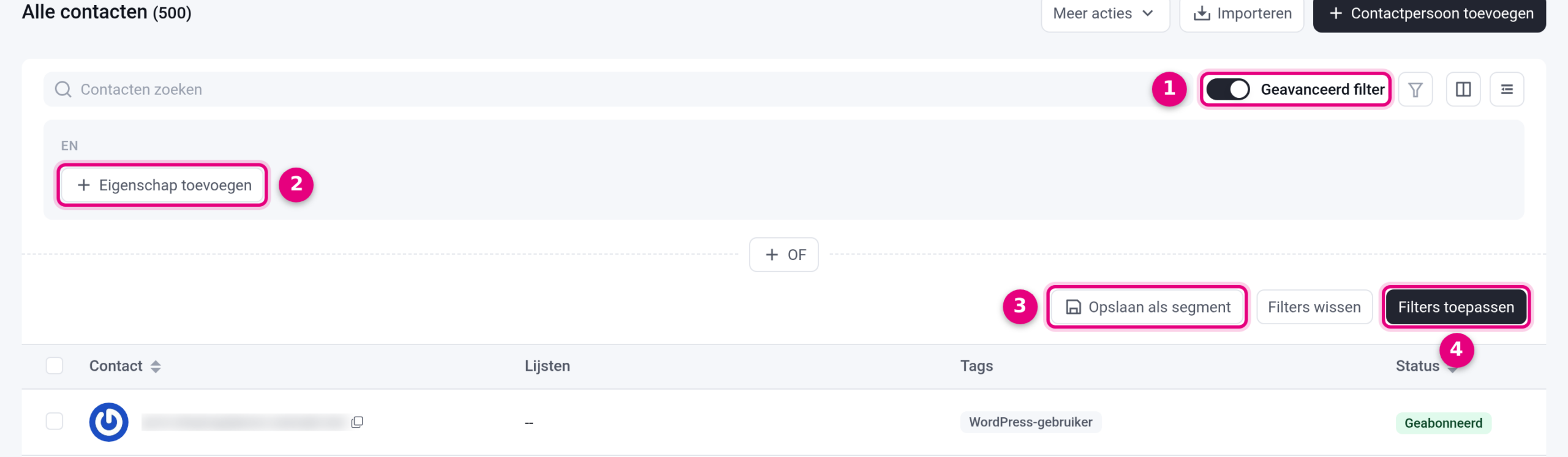 Het geavanceerde filter met de knoppen Eigenschap toevoegen, Opslaan als segment en Filters toepassen