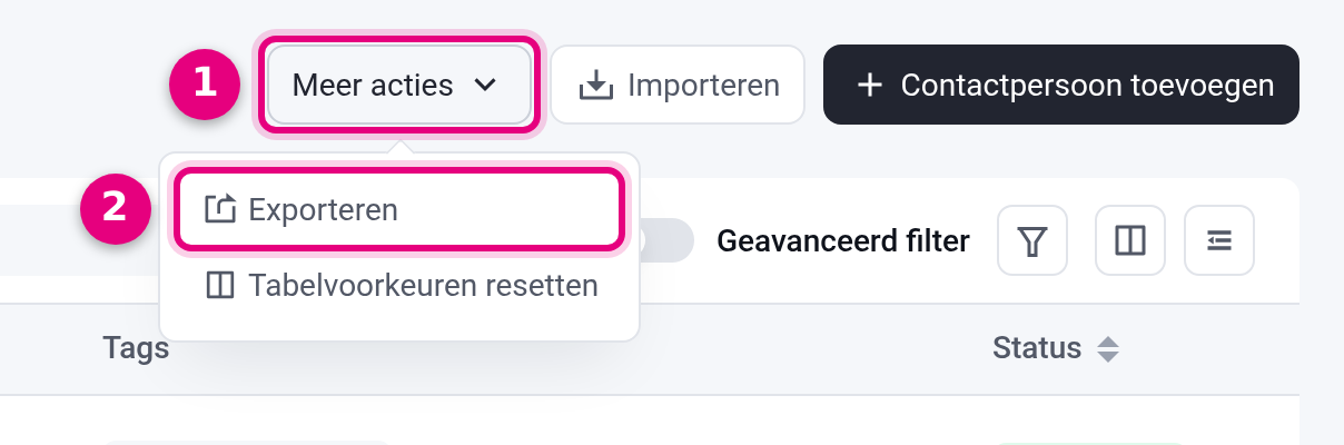De knop Meer acties met de opties Exporteren en Tabelvoorkeuren resetten