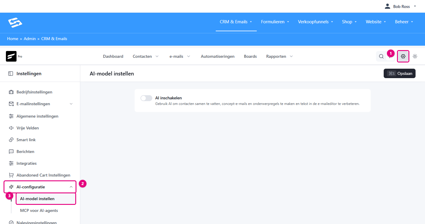CRM-instellingen via het tandwiel, met in het menu AI-configuratie en AI-model instellen