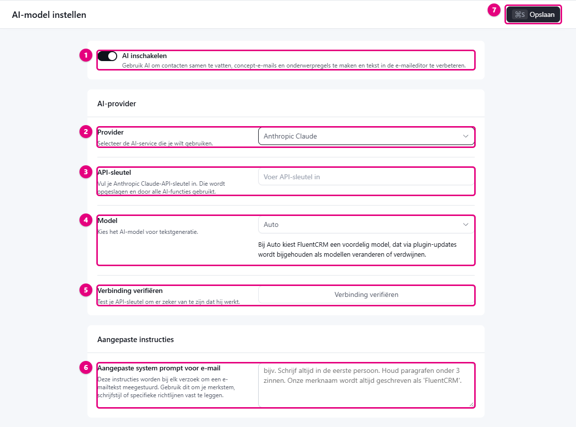 Scherm AI-model instellen met AI inschakelen, provider, API-sleutel, model, Verbinding verifiëren, aangepaste instructies en Opslaan