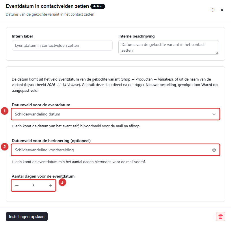 Instellingen van de stap Eventdatum in contactvelden zetten met twee datumvelden en het aantal dagen vooraf