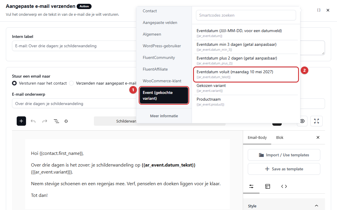 Mail-editor met de groep Event (gekochte variant) in de samenvoegcode-kiezer