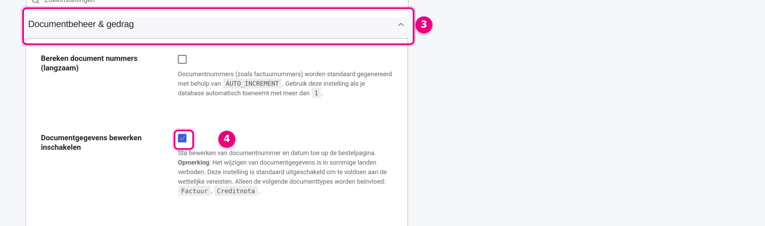 Blok Documentbeheer en gedrag (3) met het vinkje Documentgegevens bewerken inschakelen (4)