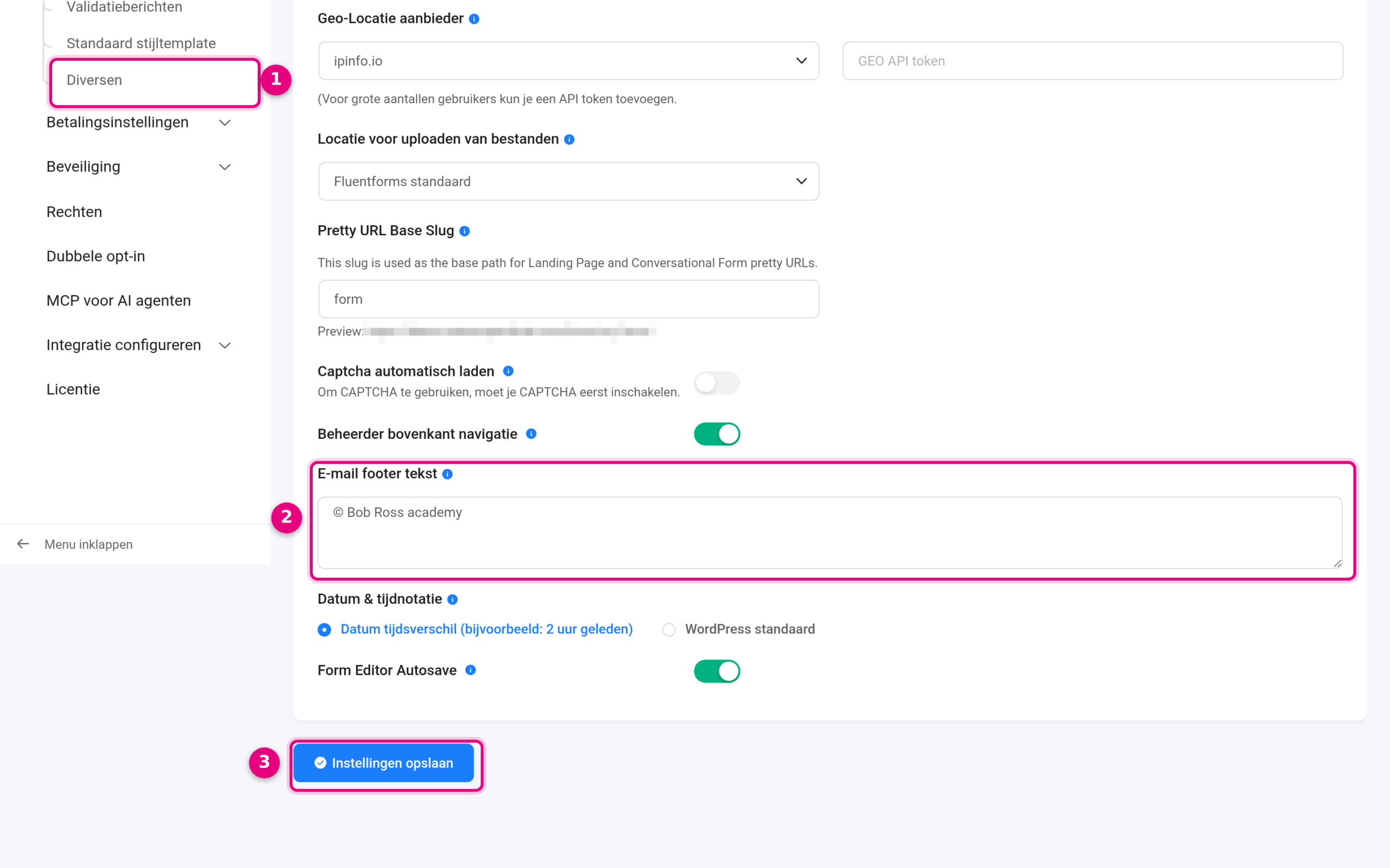 Formulieren, Algemene instellingen, Diversen: het veld E-mail footer tekst