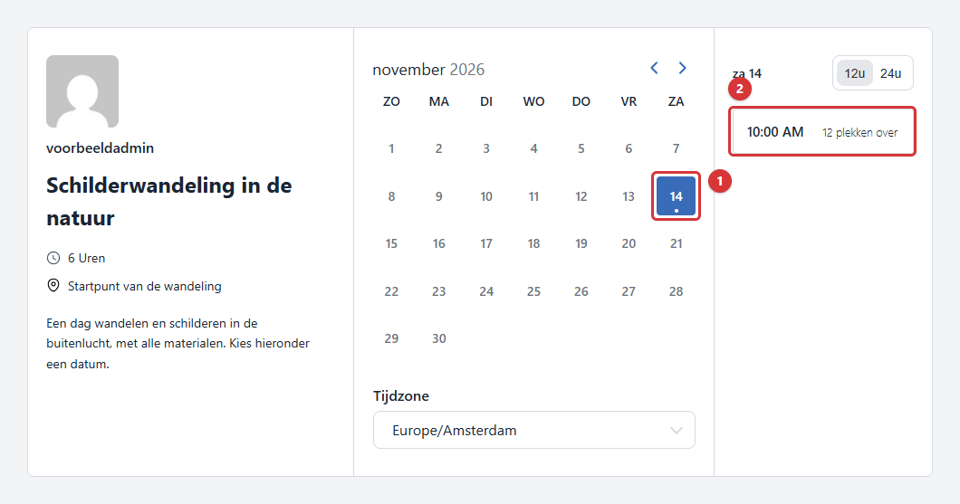 Boekingspagina met alleen de eventdatum te kiezen en het tijdslot met het aantal vrije plekken