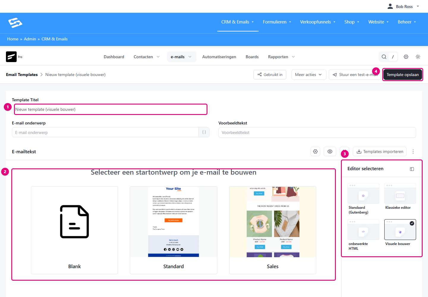 Nieuw template geopend in de Visuele bouwer met de titel, de startontwerpen Blank, Standard en Sales, Editor selecteren met Visuele bouwer en de knop Template opslaan