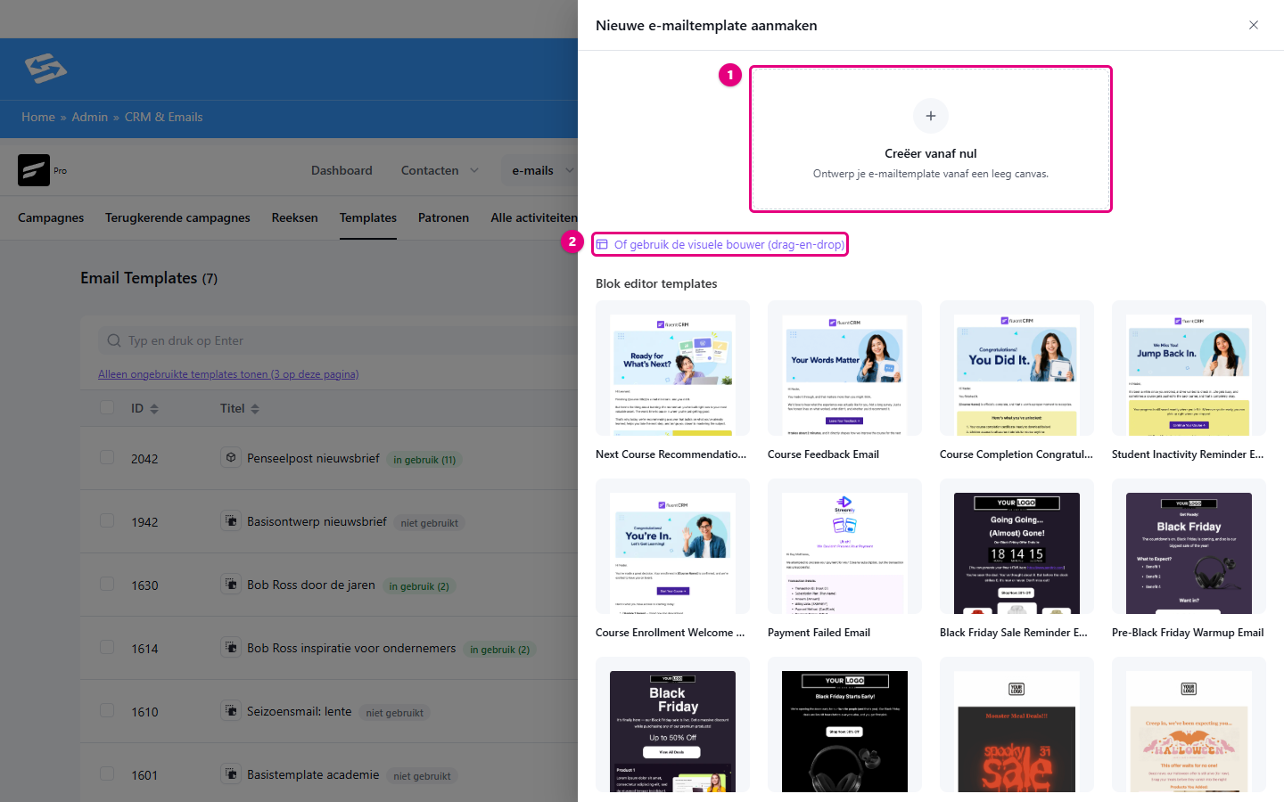 Paneel Nieuwe e-mailtemplate aanmaken met Creëer vanaf nul en daaronder de link Of gebruik de visuele bouwer (drag-en-drop)
