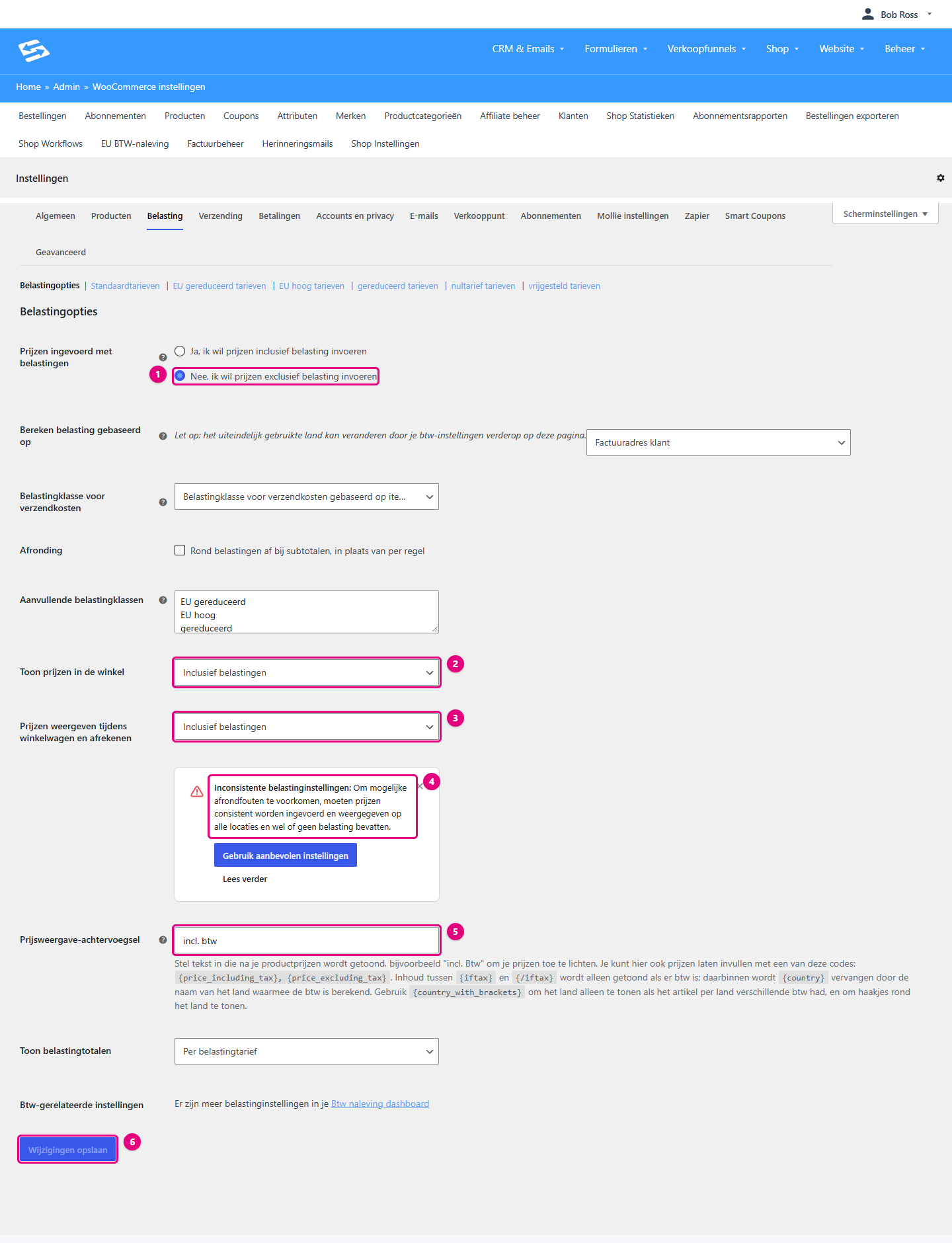 Belastingopties met prijzen exclusief invoeren, weergave inclusief belastingen in winkel en checkout, de melding en het achtervoegsel incl. btw