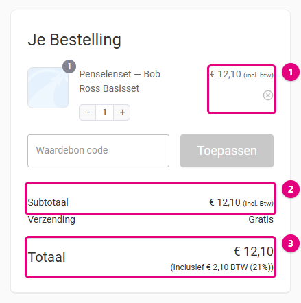 Besteloverzicht in de checkout met prijs, subtotaal en totaal inclusief btw